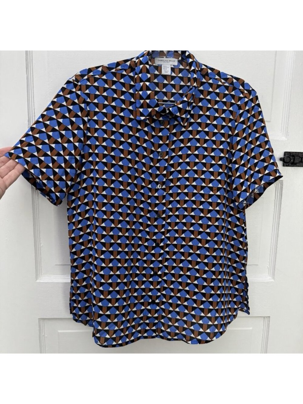 Carolina Belle Montreal XS Blue Brown Geometric Short Sleeve Button Up Blouse - Picture 1 of 8